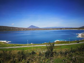 Scenic view of lake against blue sky