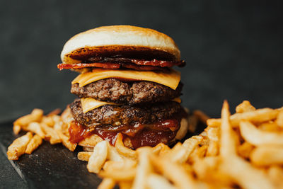 Close-up of burger on cutting board