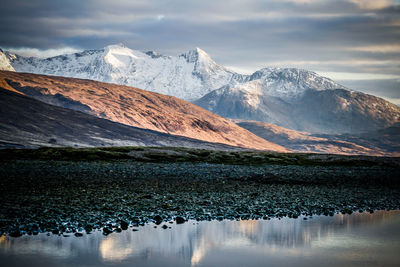 Scenic view of lake and mountains against sky