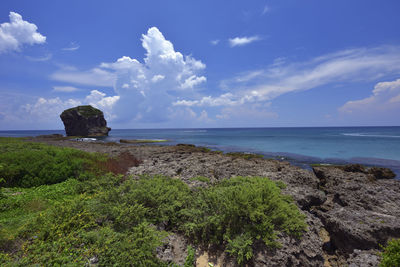 Scenic view of sea against blue sky