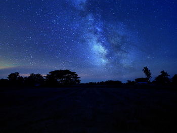 Silhouette trees on field against sky at night