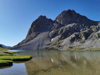 Scenic view of lake and mountains against clear sky