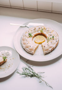 High angle view of food served on table