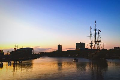 View of harbor at sunset