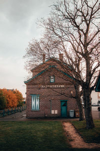 Trees and house on field against sky