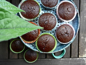 Directly above shot of chocolate muffins on table