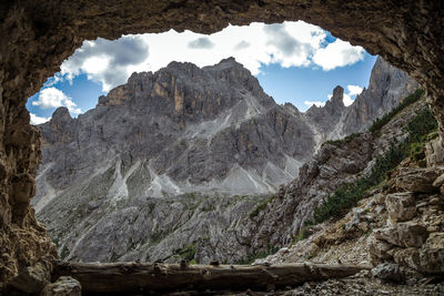 Cadini di misurina gallery on hiking mountain path, trentino, italy