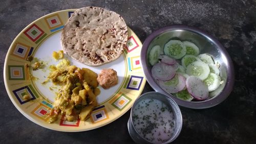 High angle view of breakfast served on table