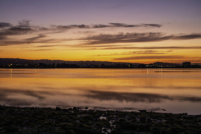 Scenic view of lake against sky during sunset