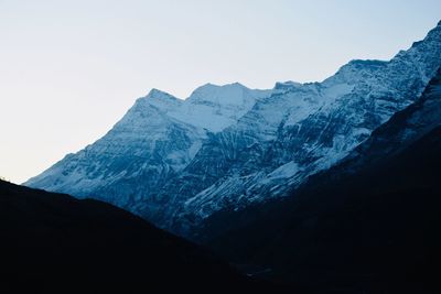 Scenic view of snowcapped mountains against clear sky