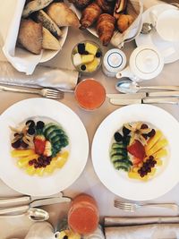 High angle view of food served on table