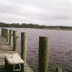 Wooden posts in lake against sky