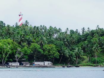 Scenic view of trees by sea against clear sky