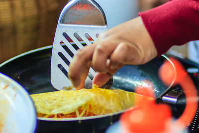 Close-up of man preparing food in plate