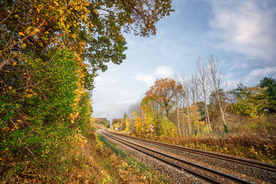 Railroad going through an autumn colored landscape with colorful trees in the fall