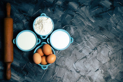 High angle view of eggs in container