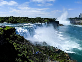 Scenic view of waterfall against sky