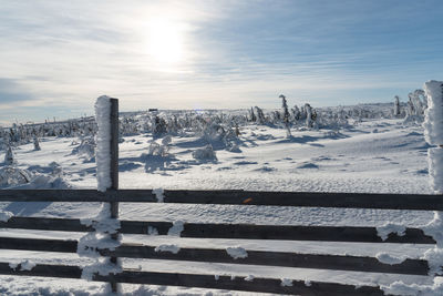 Snow covered landscape against sky