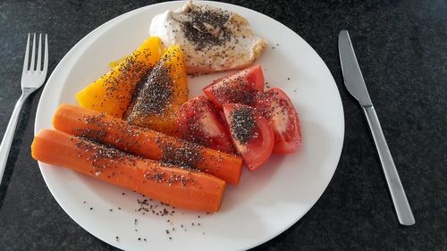 High angle view of breakfast served on table