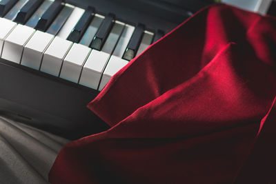 High angle view of red sofa at home