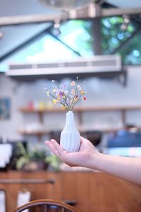 Close-up of hand holding flower on table