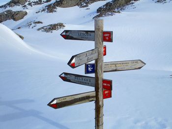 Close-up of road sign against sky