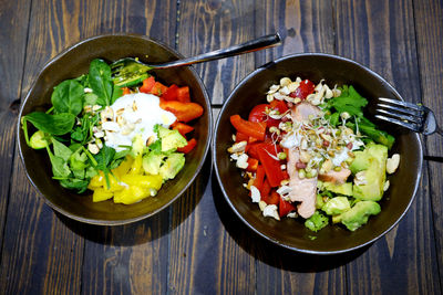 High angle view of salad in bowl on table