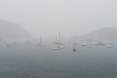 Boats moored in sea during foggy weather