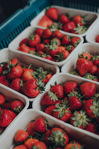 High angle view of strawberries in container