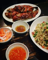 Close-up of food served on table