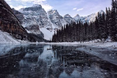 Scenic view of lake by snowcapped mountains against sky