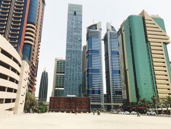 Low angle view of modern buildings against clear sky