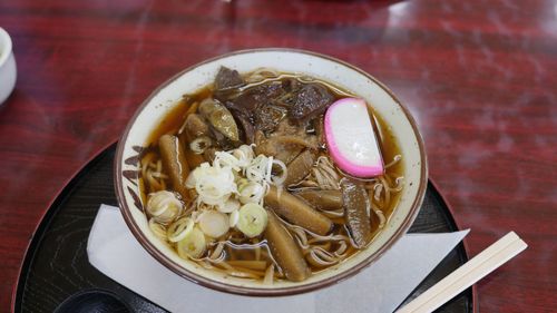 High angle view of soup in bowl on table