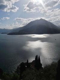Scenic view of sea and mountains against sky
