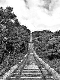 Railroad track amidst trees against sky