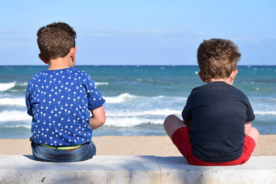 Rear view of siblings sitting on retaining wall at beach