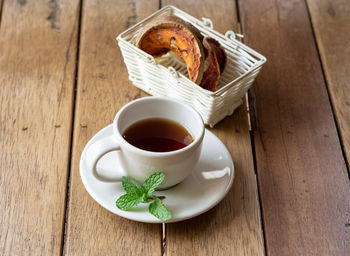 High angle view of breakfast on table