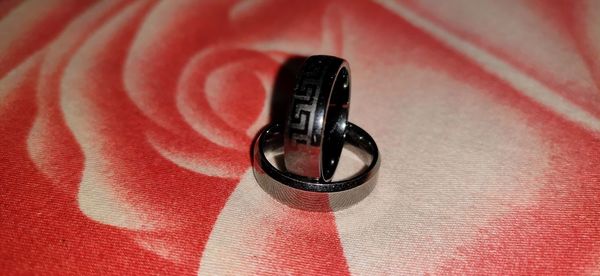 High angle view of ring on table