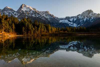 Scenic view of lake by snowcapped mountains against sky