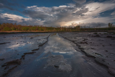 Surface level of wet land against sky during sunset