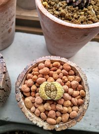 High angle view of bread in bowl on table