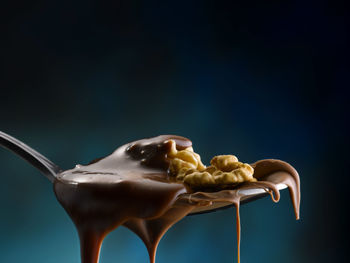 Close-up of chocolate cake against black background
