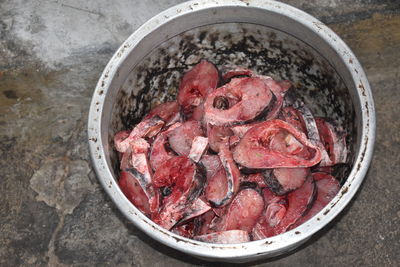 High angle view of meat in bowl
