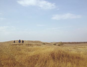 Rear view of man walking on field