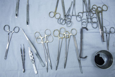 Directly above shot of medical equipment on table 