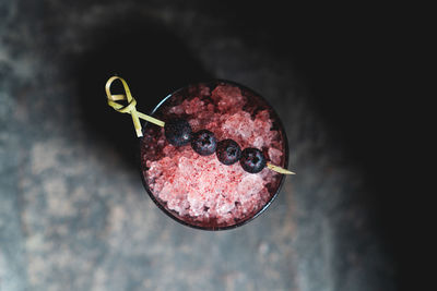 High angle view of strawberry on table