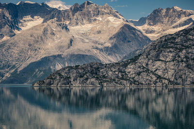 Scenic view of lake by snowcapped mountains