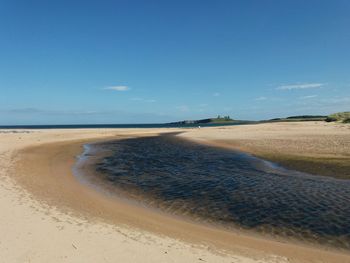 Scenic view of beach against blue sky
