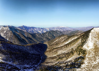 View of mountain range against blue sky