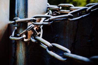Close-up of chains tied to cropped pole